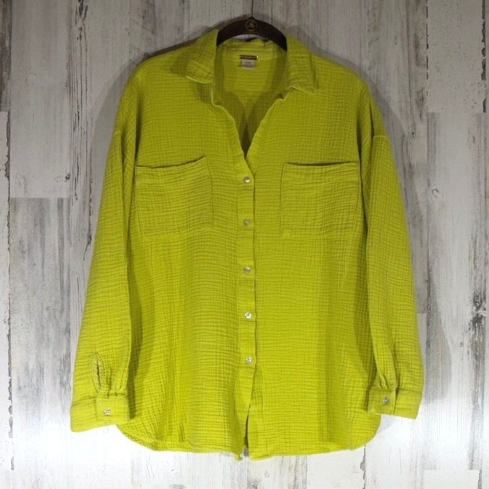 Magaschoni Button Up Shirt Medium Lime Green Organic Cotton Double Gauze Muslin